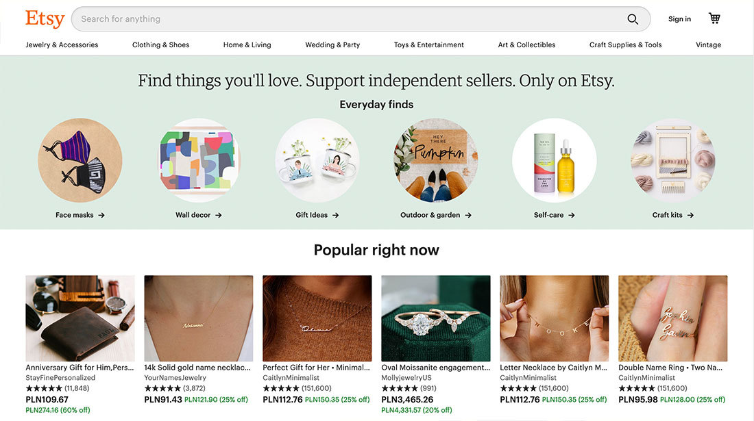 Etsy's main page
